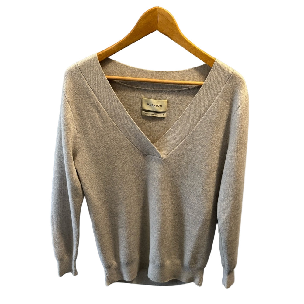 Aritzia BABATON Deep V-Neck Grey Merino Wool Sweater Size S Minimalist Casual